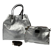 Stella - Leather  Metallic Handbag with Pouch - Silver